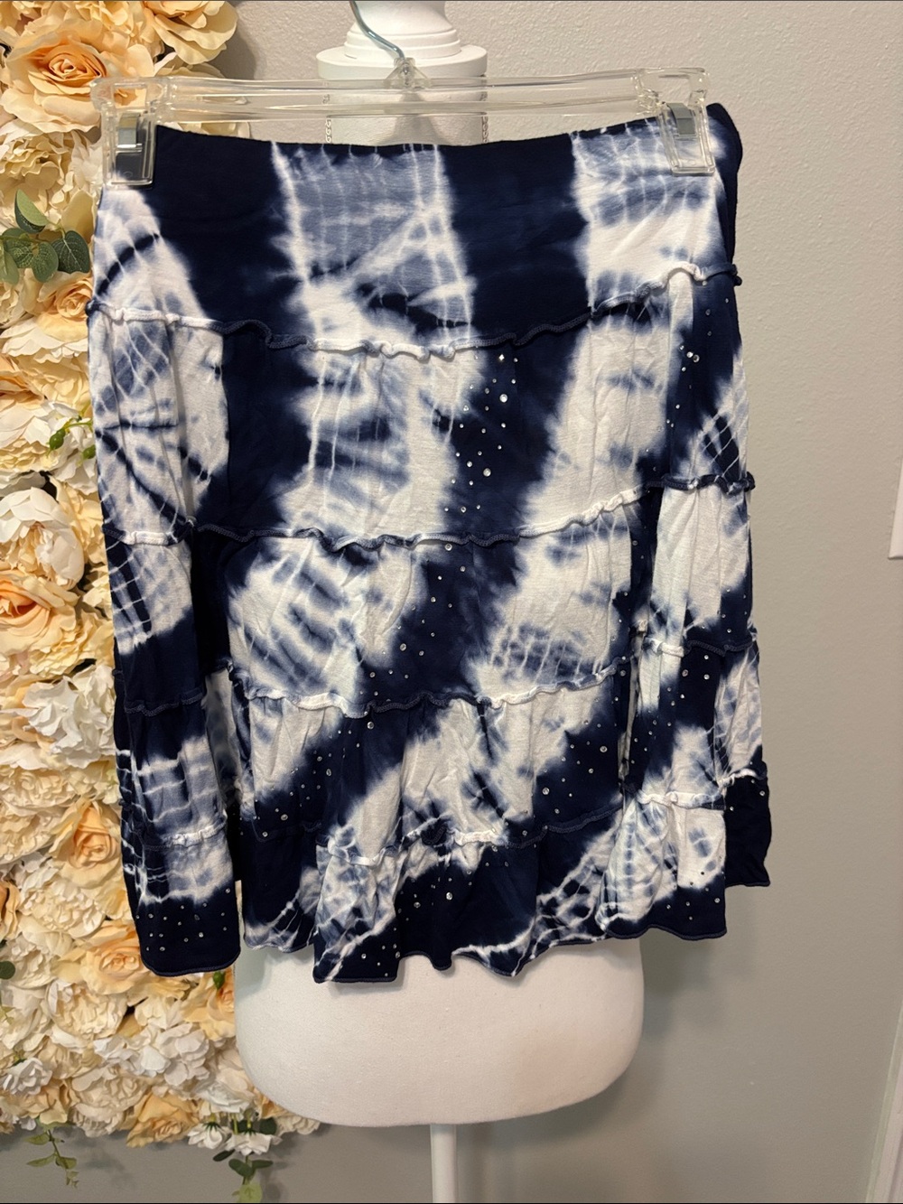 INC International Concepts Navy and White Tie-Dye Tiered Skirt